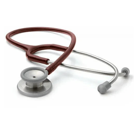 Red and silver stethoscope for medical professionals on white background