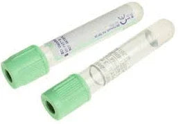 Two clear blood collection tubes with green caps for medical or laboratory use