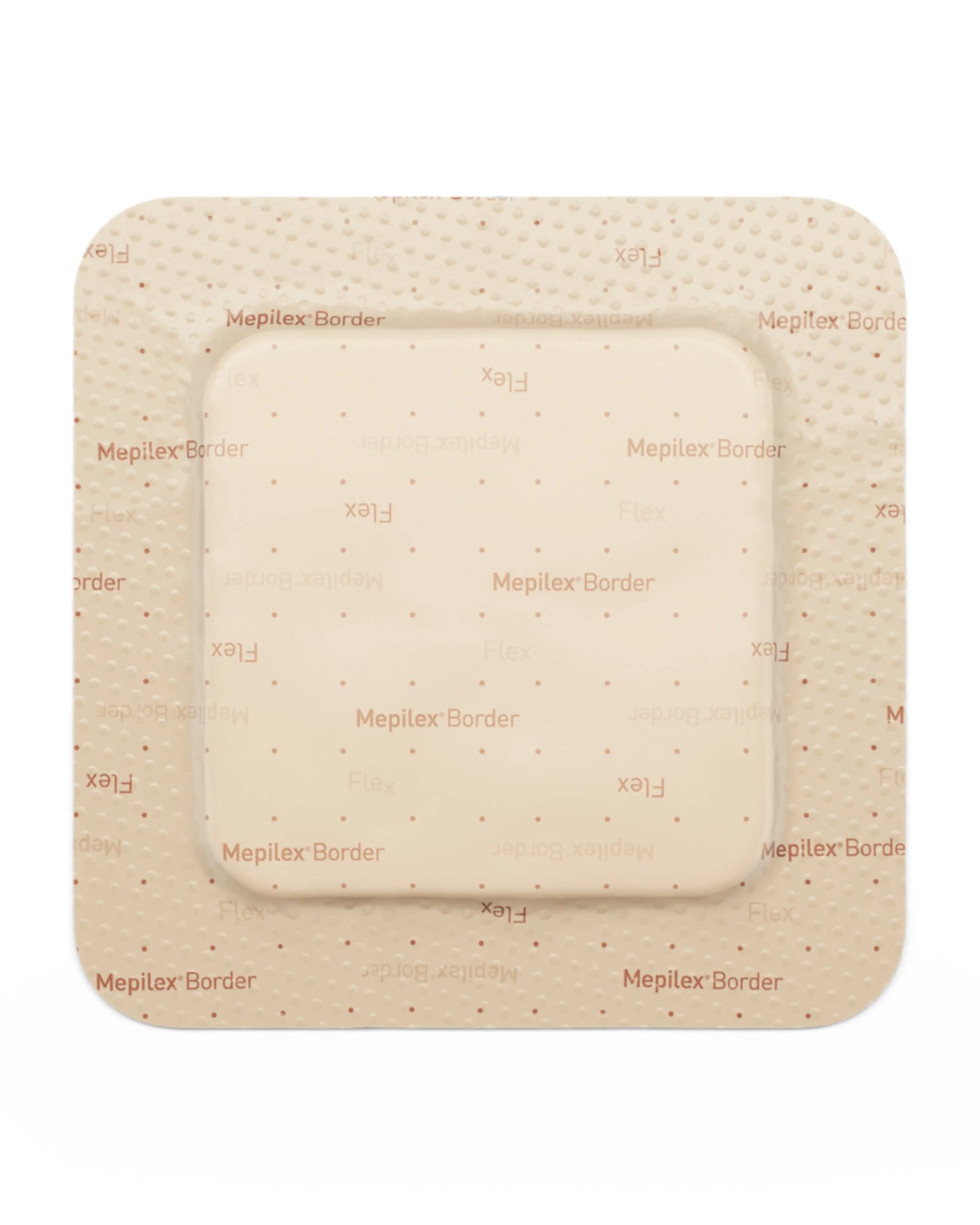 Square adhesive foam wound dressing for medical and home care, beige color, Mepilex Border.