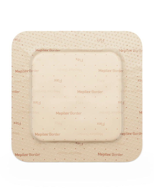 Square adhesive foam wound dressing for medical and home care, beige color, Mepilex Border.