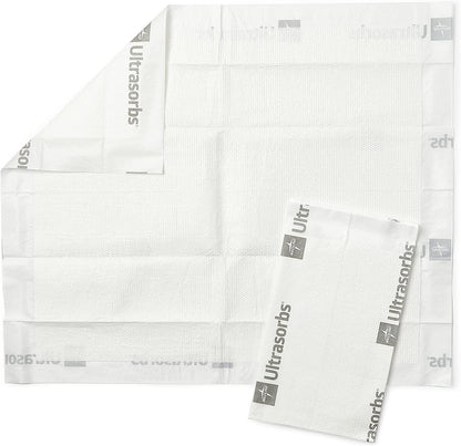 Disposable medical underpad with Ultrasorbs label, absorbent white incontinence pad