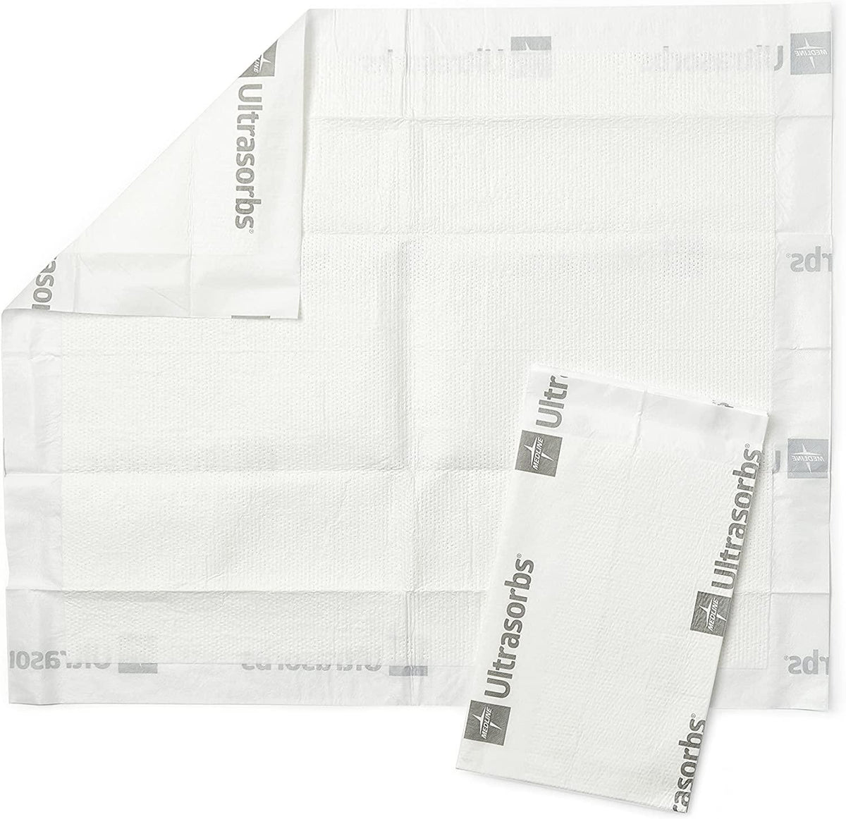 White disposable medical bed pads with Ultrasorbs branding, absorbent surface, homecare use