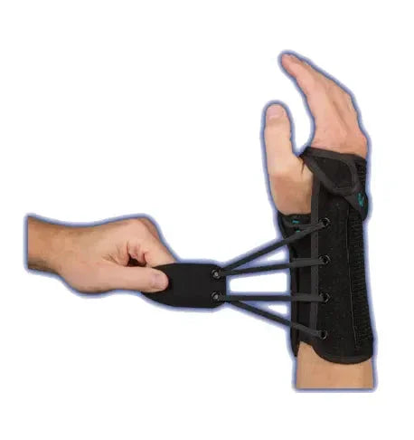 Black wrist and thumb brace for hand support, adjustable medical splint being tightened