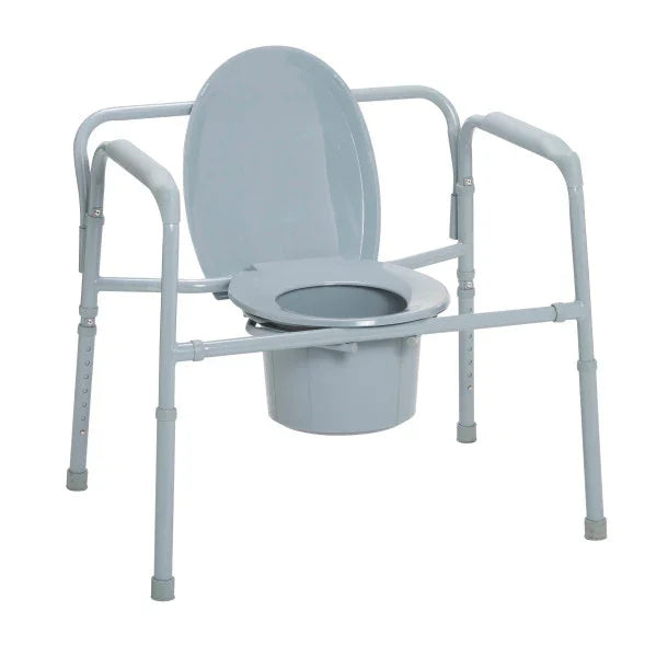 Adjustable medical commode chair with armrests and removable bucket for home care