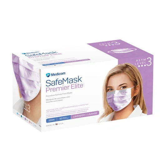 Medicom SafeMask Premier Elite lavender face masks box, ASTM Level 3, 50 masks