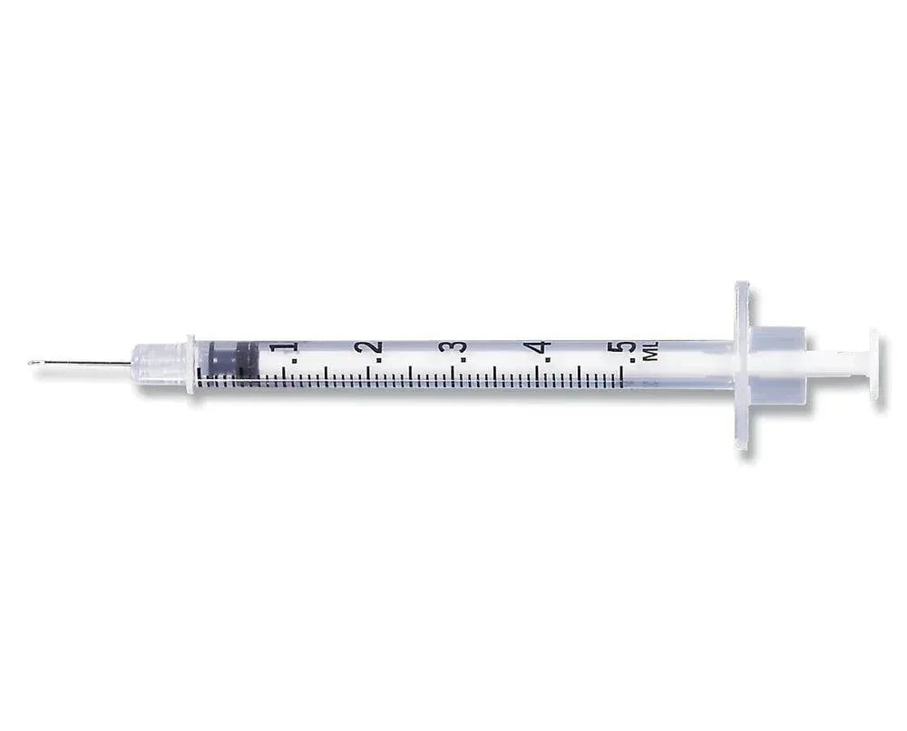 Sterile 5ml medical syringe with needle for injection, clear barrel, white background
