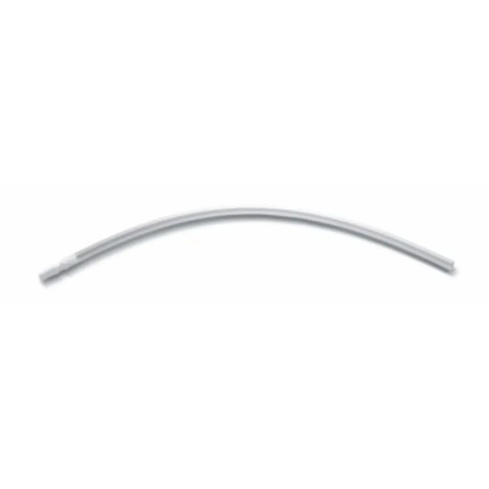 Sterile curved medical suction catheter on white background