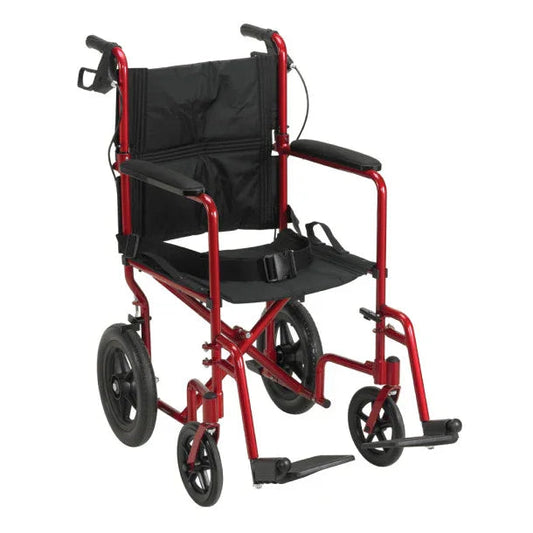 Lightweight red transport wheelchair with black seat and armrests for mobility aid