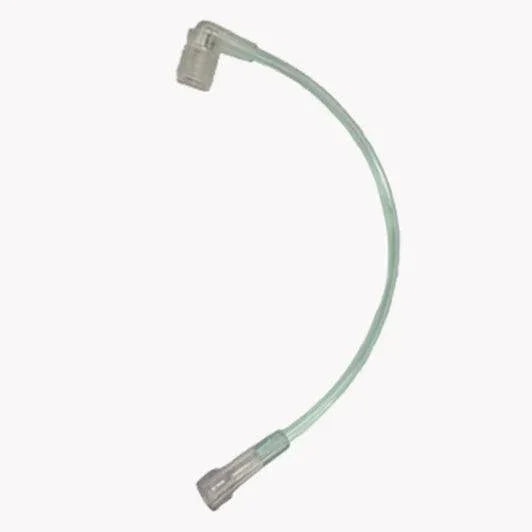 Clear medical extension tube with connectors, used for IV or respiratory care, on white background