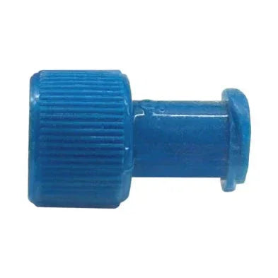 Blue plastic medical cap for IV or syringe connector, isolated on a white background