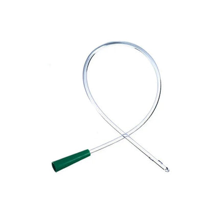 Sterile medical urinary catheter with clear tube and green funnel tip on white background
