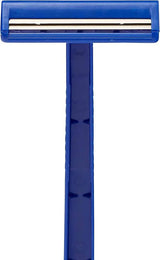 Blue disposable razor with double blades, used for personal hygiene and shaving care