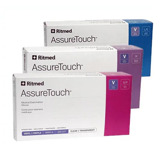 Boxes of Ritmed AssureTouch vinyl medical examination gloves in assorted sizes