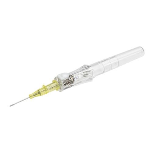 clear plastic safety IV catheter needle with yellow hub for medical use on white background