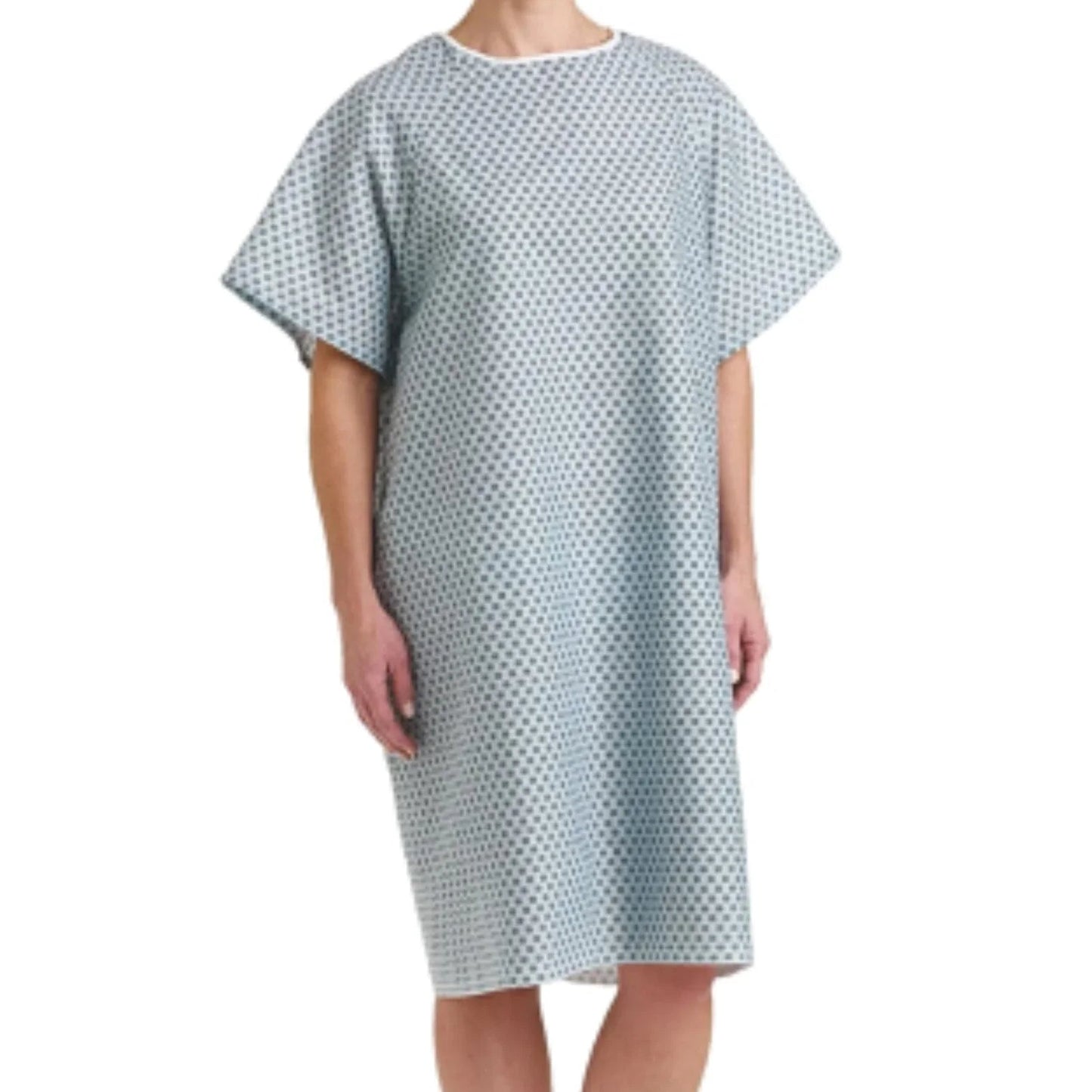 Unisex hospital gown with blue geometric pattern, short sleeves, shown on person