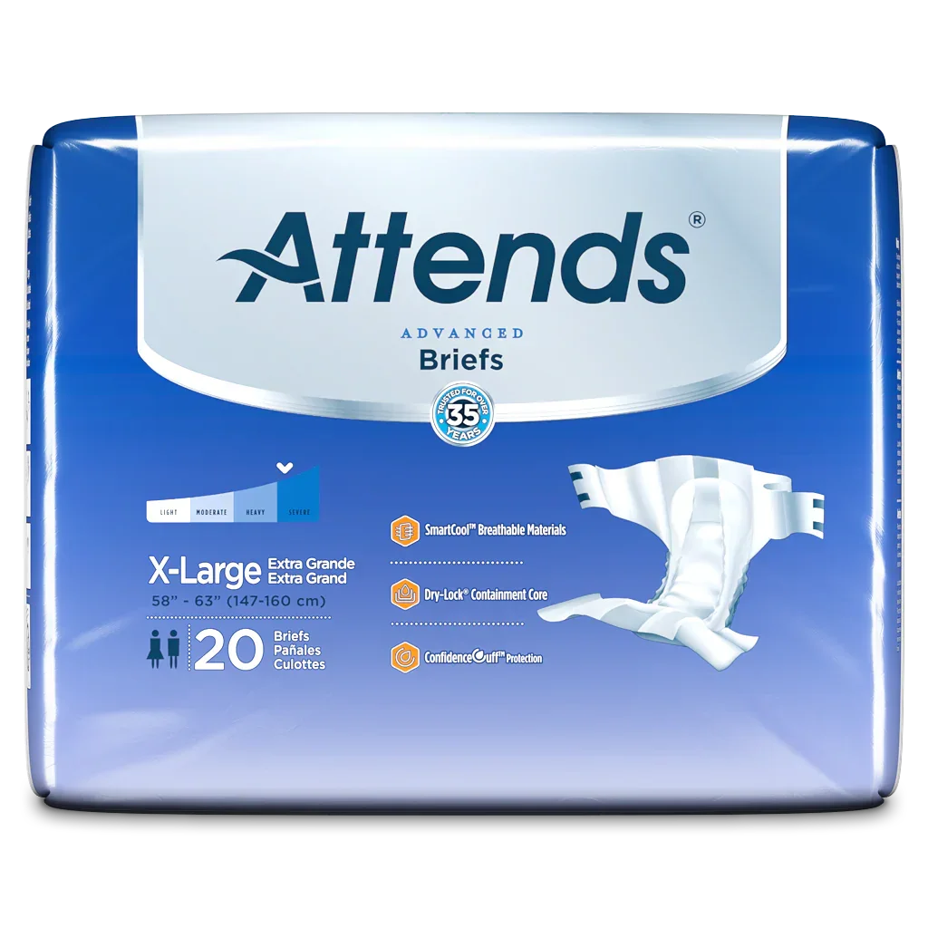 Attends Advanced Briefs X-Large pack, adult incontinence diapers, 20 count, blue packaging