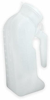 Translucent plastic male urinal bottle with handle and volume markings, home medical supply