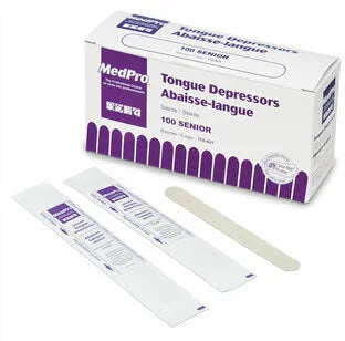Box of MedPro tongue depressors with individually wrapped wooden sticks, sterile medical supply
