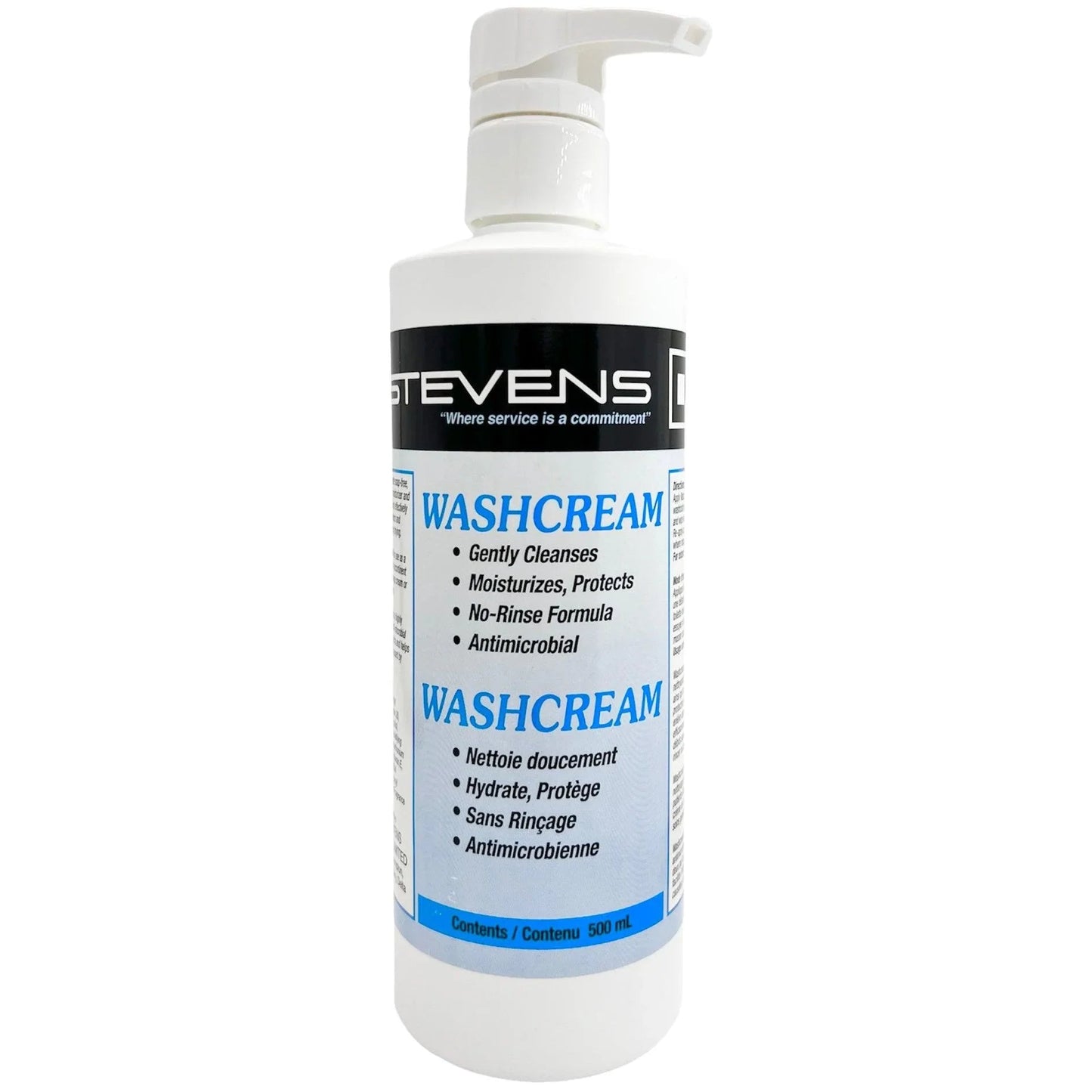 500ml pump bottle of Stevens Washcream no-rinse antimicrobial cleansing lotion