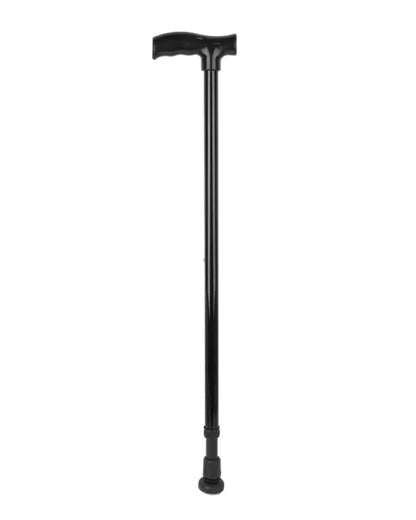 Black adjustable walking cane with ergonomic handle and rubber tip for mobility support