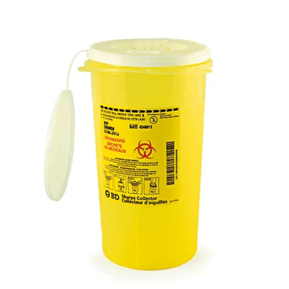 Yellow sharps disposal container with biohazard label and secure lid for medical waste