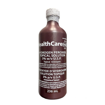 Hydrogen peroxide topical solution 3% antiseptic, brown 236 mL bottle, white label text