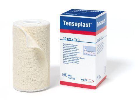 Elastic adhesive bandage roll next to Tensoplast 10cm x 2.5m medical bandage box