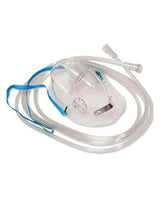 Clear oxygen mask with blue elastic strap and attached transparent tubing for respiratory care