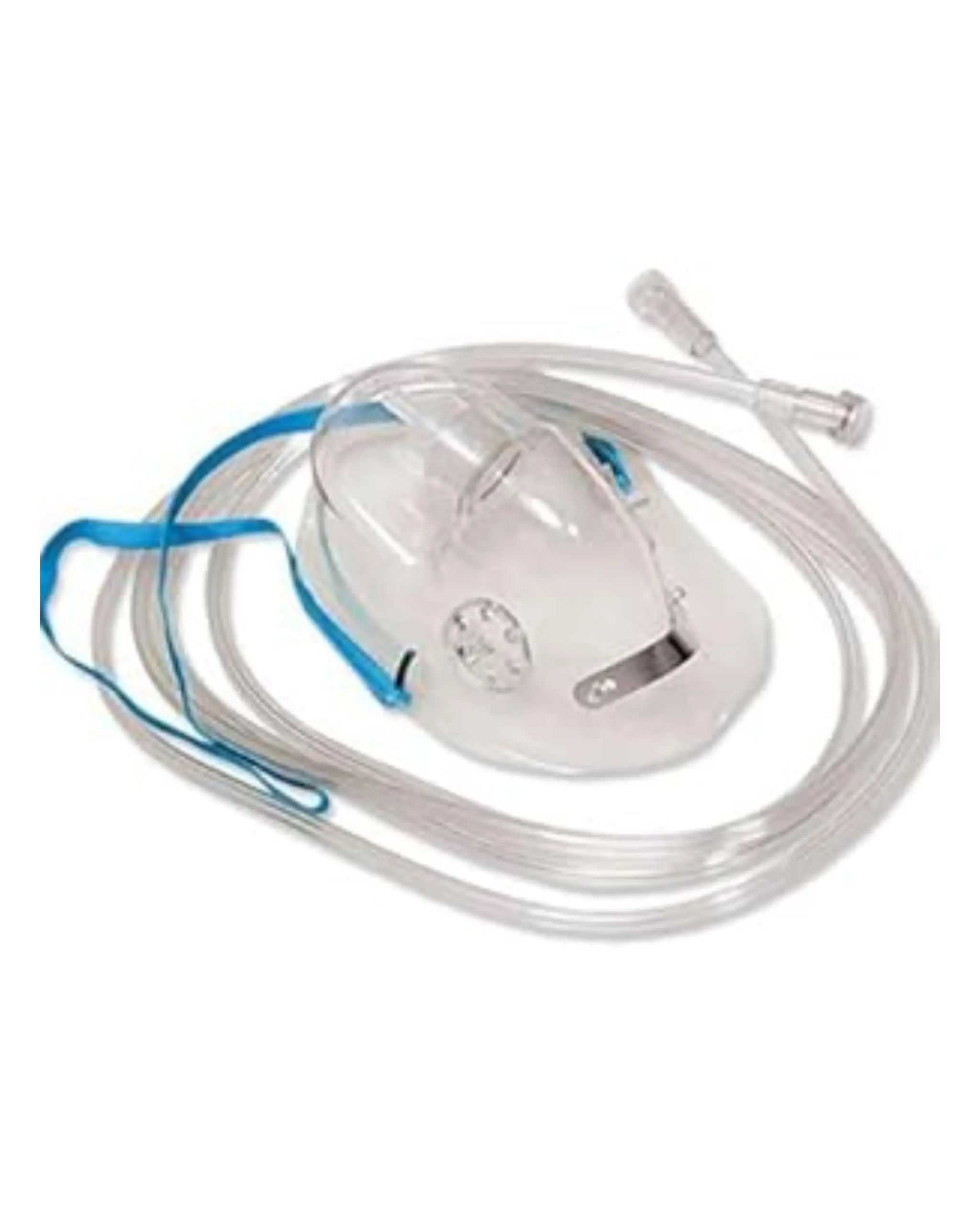 Clear oxygen mask with tubing for respiratory therapy and medical use