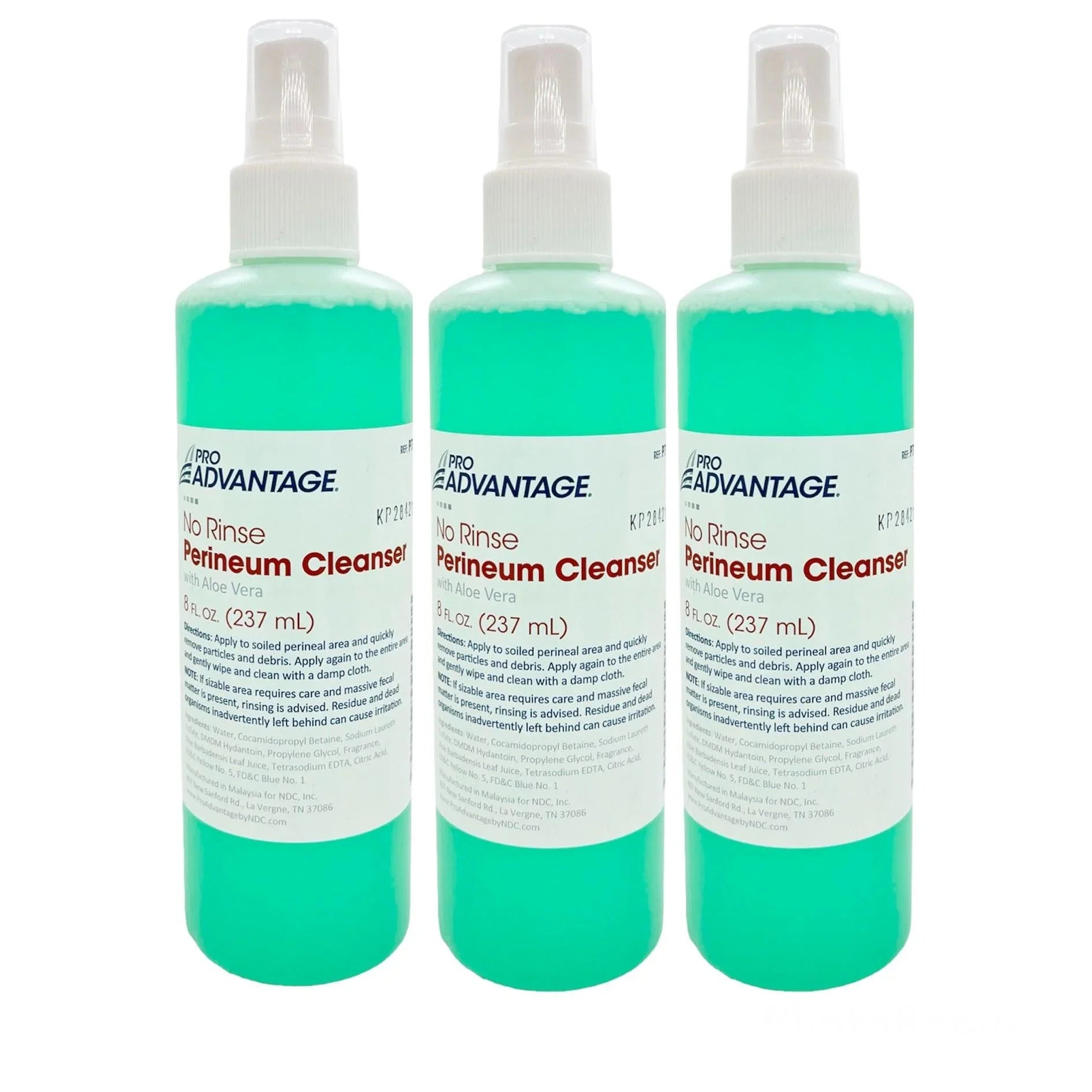Three bottles of no rinse perineum cleanser with aloe vera for personal hygiene care