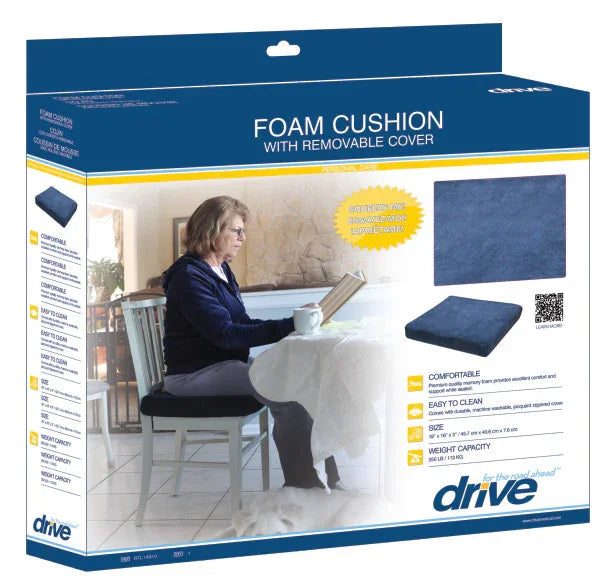Foam cushion with removable cover for chairs, comfort and easy-to-clean, shown in blue packaging.