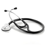Black medical stethoscope with silver chest piece on white background, home care supply