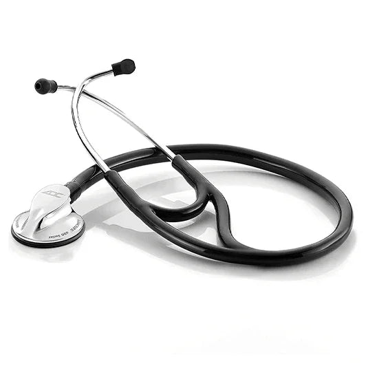 Black medical stethoscope with silver chest piece on white background, home care supply