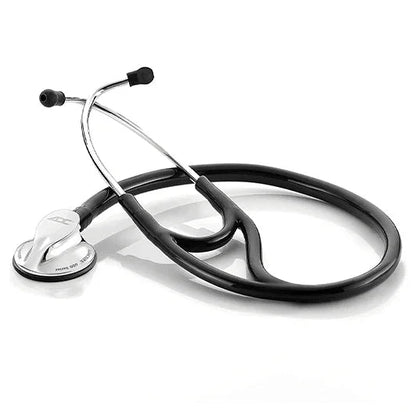 Black medical stethoscope with silver chest piece on white background, home care supply