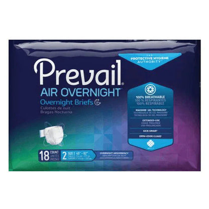 Prevail Air Overnight briefs adult incontinence underwear package, 18 count, size 2, overnight absorbency.
