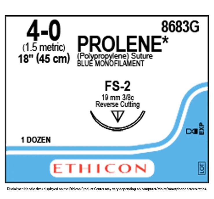 Ethicon sterile medical packaging with blue curved sterile peel wrapper and lot, expiry icons