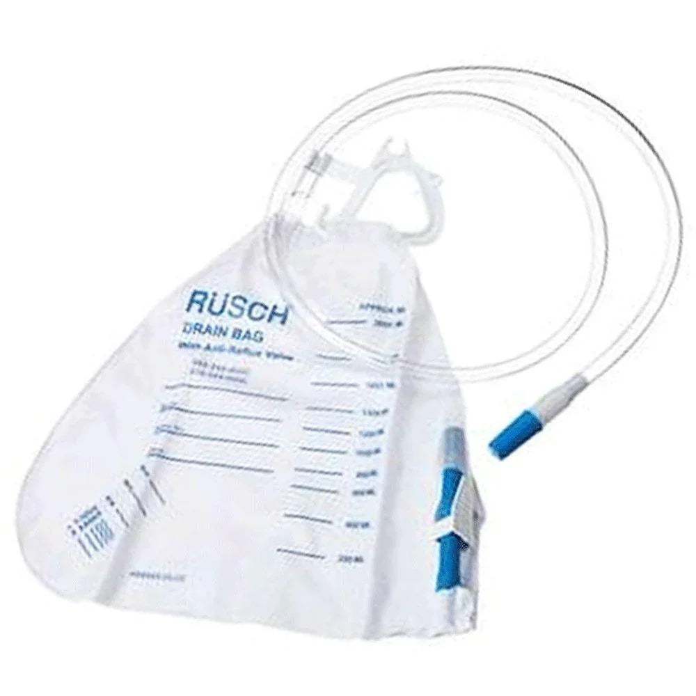 Medical urine drain bag with measurement markings and clear tubing for home care use