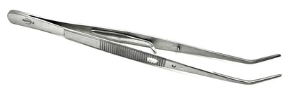 Stainless steel angled medical forceps with serrated tips for precision home care use