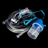 Nebulizer mask kit with tubing and medication cup on black background, respiratory care supply