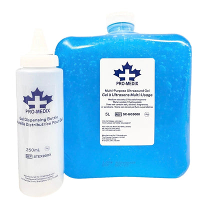 Pro-Medix multi-purpose ultrasound gel 5L container and 250mL dispensing bottle
