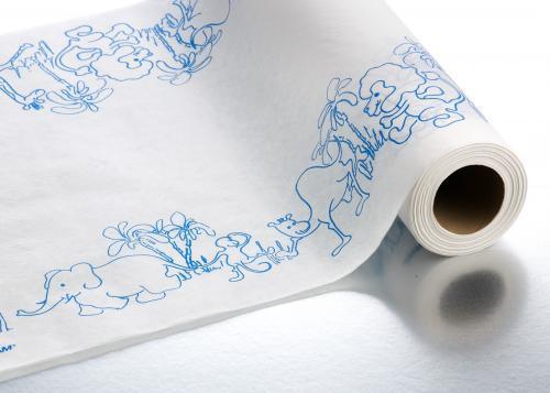 Pediatric exam table paper roll with blue cartoon animal prints, ideal for medical clinics