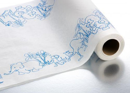 Medical exam table paper roll with blue animal and jungle print, pediatric clinic supply