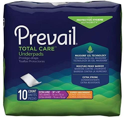 Prevail Total Care underpads package, extra large size, 10 count, moisture proof barrier, super absorbent medical bed pads.