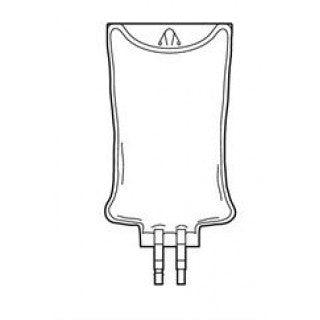 Empty IV solution bag with dual ports, outlined on white background, for medical use