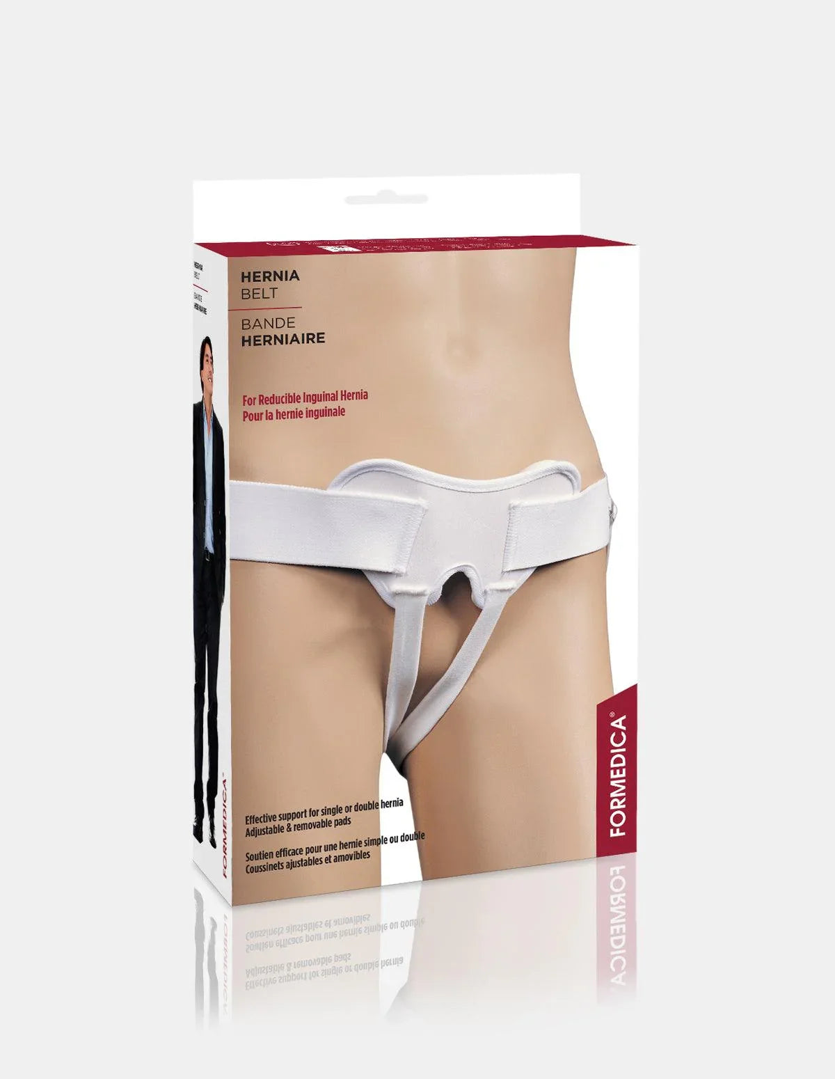 Medical hernia belt packaging for inguinal hernia support with adjustable white strap