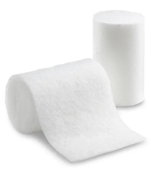 White medical gauze roll unrolled on white background, wound care and bandage supply