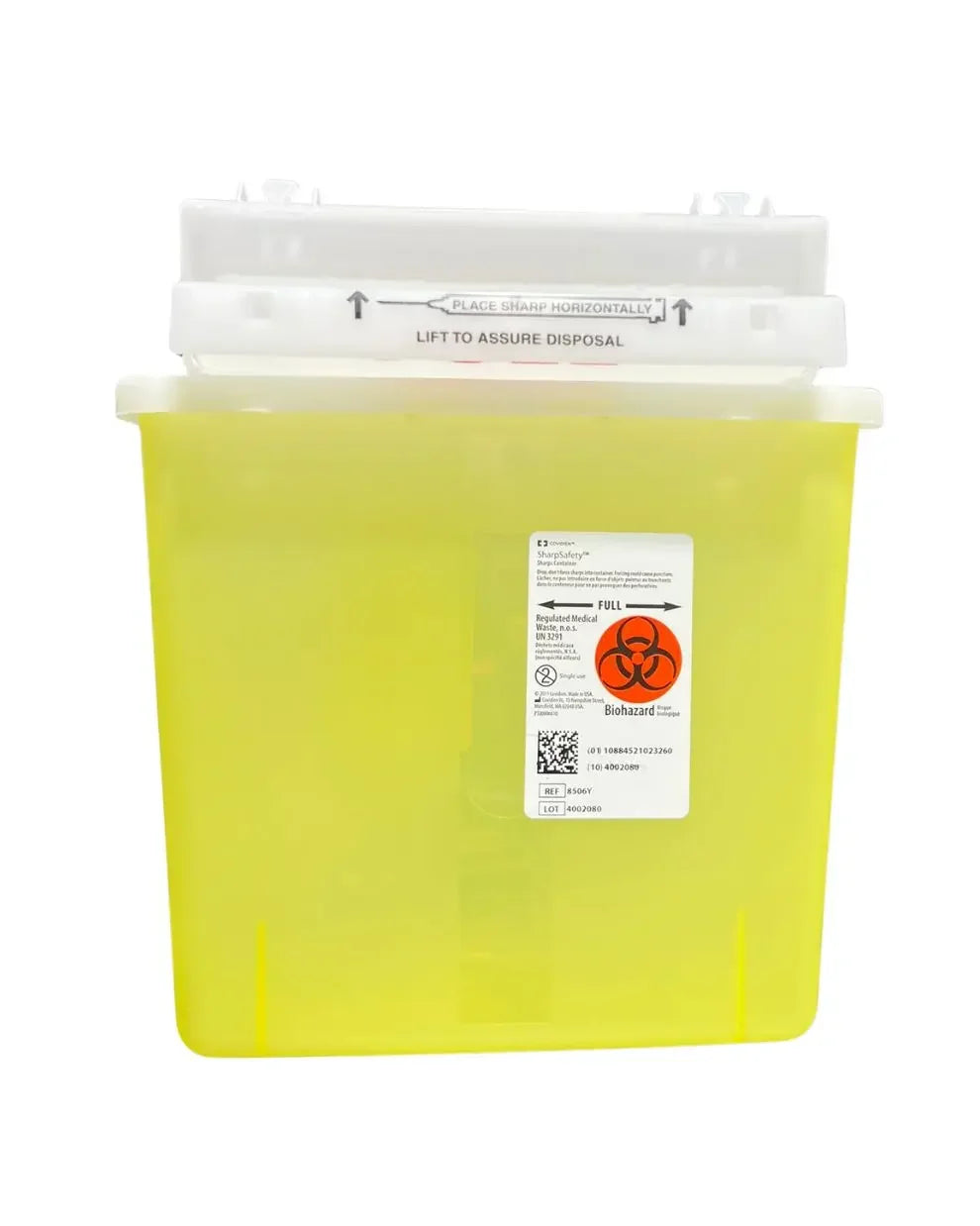 Yellow medical sharps disposal container with biohazard label and secure white lid