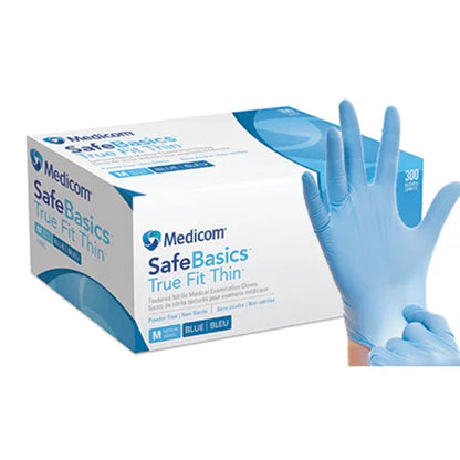 Blue nitrile medical gloves, size medium, with box labeled SafeBasics True Fit Thin.