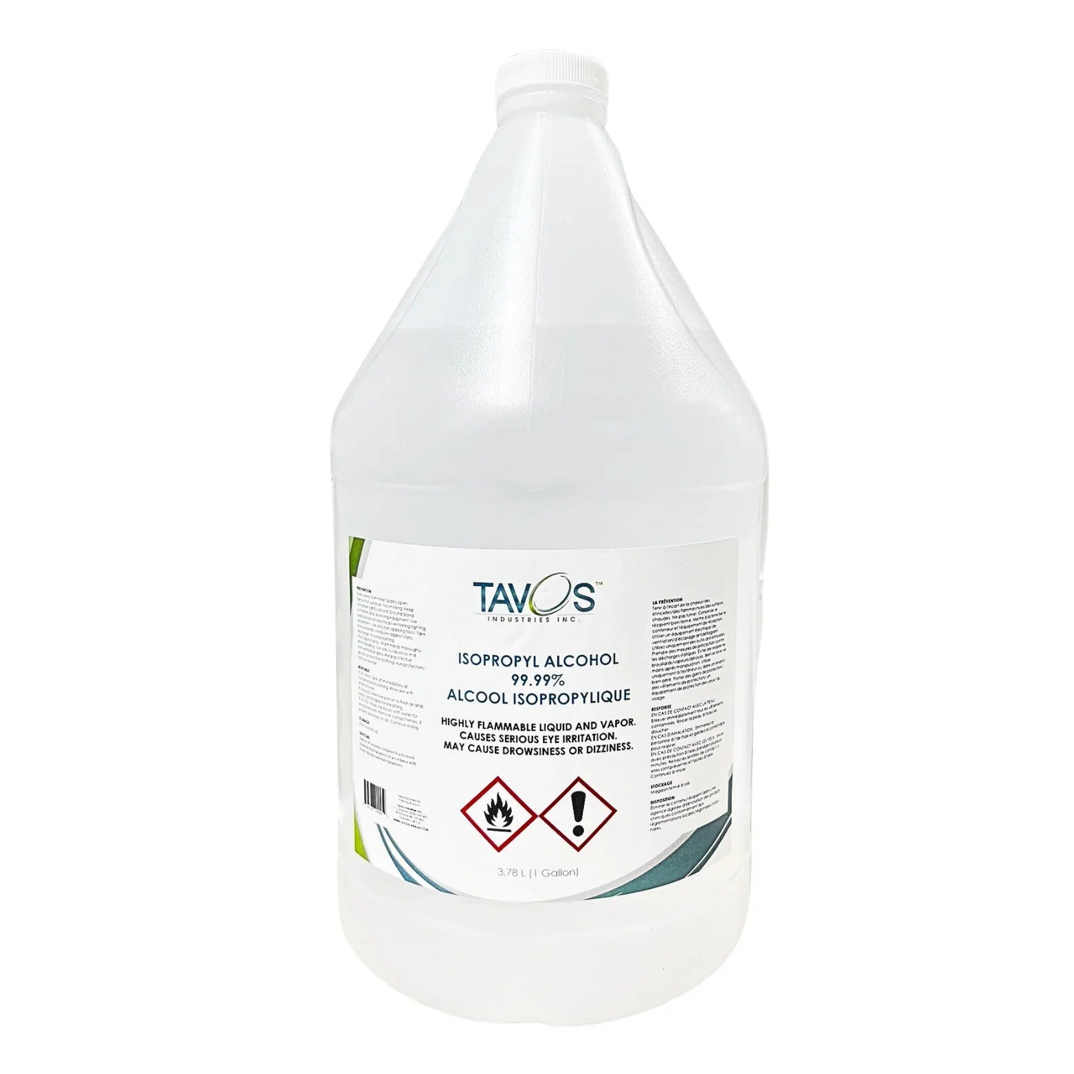 Tavos isopropyl alcohol 99.99 percent 1 gallon jug with warning labels, white background