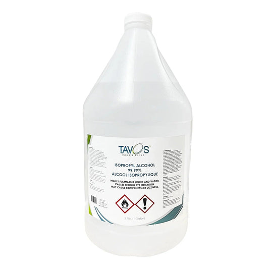 Tavos isopropyl alcohol 99.99 percent 1 gallon jug with warning labels, white background